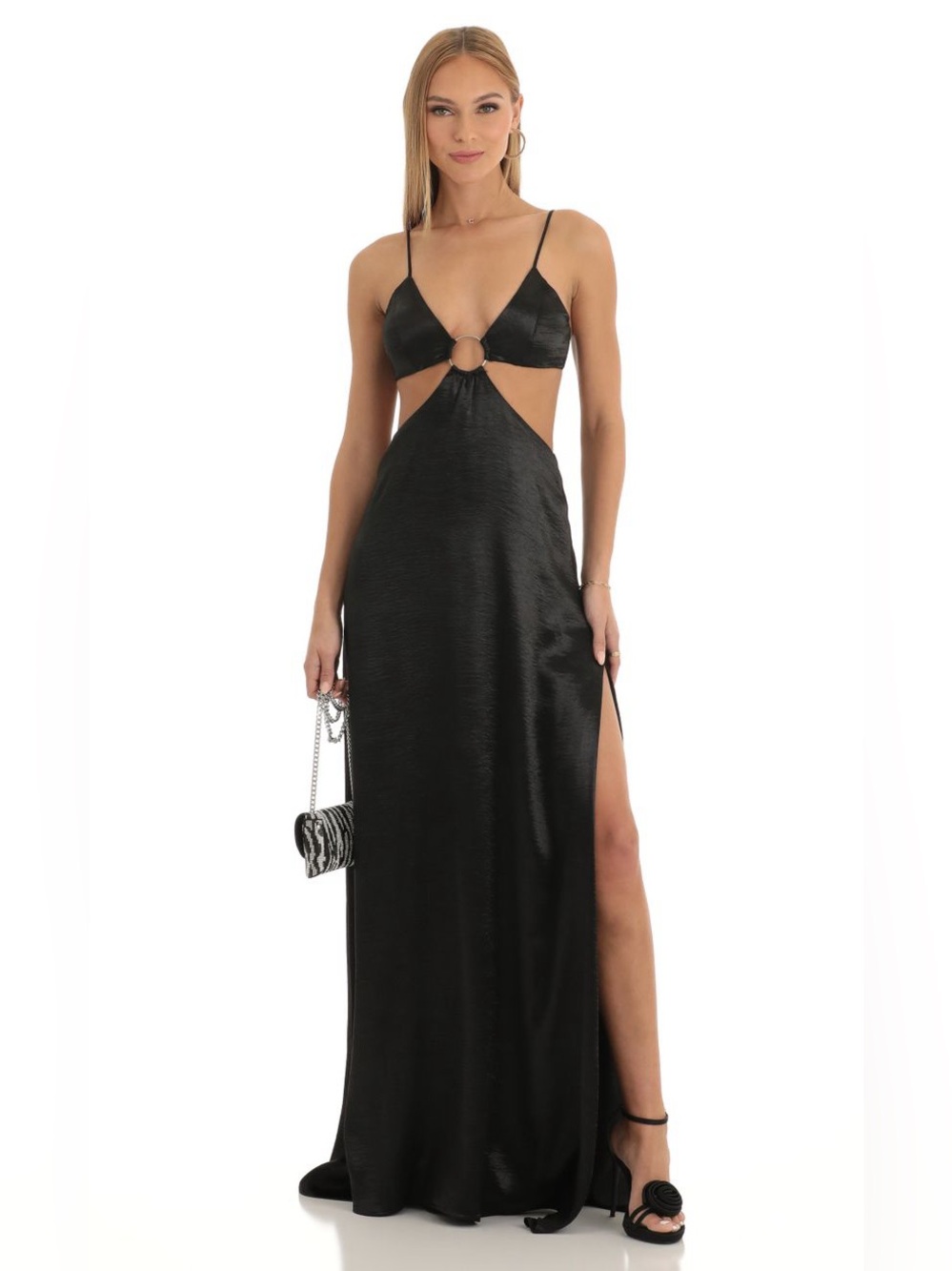 Lucy in the Sky Satin Cut Out Maxi Dress | Black Satin | Size L